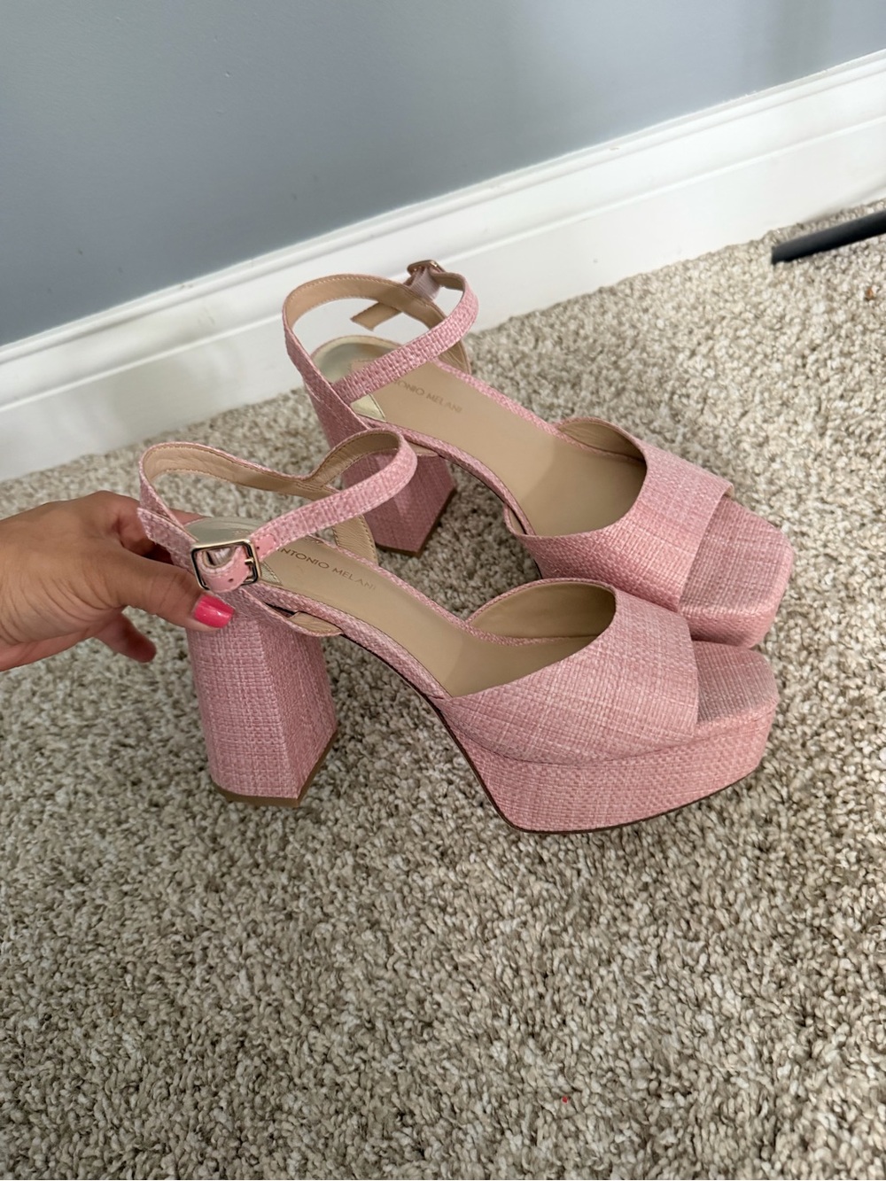 ANTONIO MELANI Pink Textured Platform Block Heel Sandals